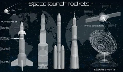 Space launch rockets, space satellite, 3d spaceship in the HUD style Ilustración de archivo