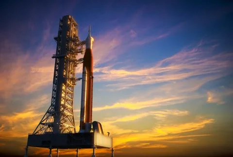 Space Launch System On Launchpad Over Background Of Red Clouds Stock Illustration