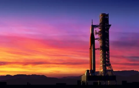 Space Launch System On Launchpad Over Background Of Pink Clouds Stock Photos
