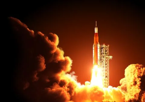 Space Launch System Takes Off At Night Stock Photos