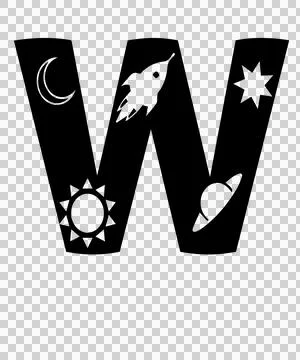 Space Letter W With Crescent Moon And Rocket 스톡 일러스트