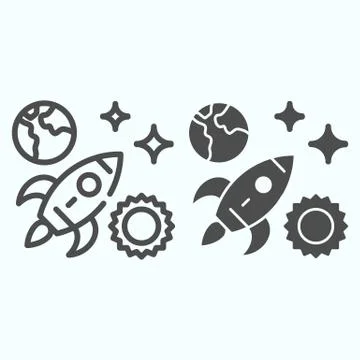Space line and solid icon. Universe with rocket, sun, planet and stars. Outer Ilustración de archivo