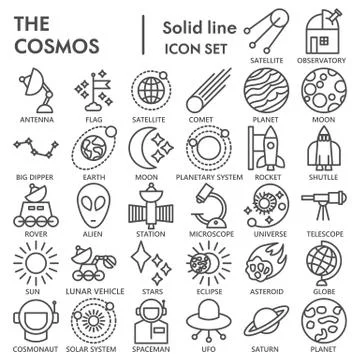Space line SIGNED icon set, astronomy symbols collection, vector sketches, logo Stock Illustration