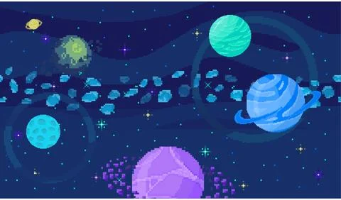 Space location in pixel art. Background of planet. Crater landscape with 스톡 일러스트