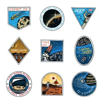Space logo. Exploration of the astronomical galaxy. Mission Mars. Astronaut or Illustrazione stock