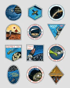 Space logo. Exploration of the astronomical galaxy. Mission Mars. Astronaut or Illustrazione stock
