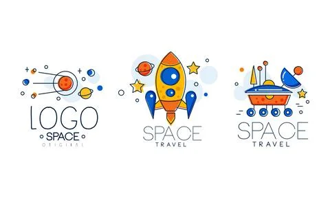 Space Logo Original Design Set, Astronautics Labels, Cosmos, Spacecraft Stock Illustration