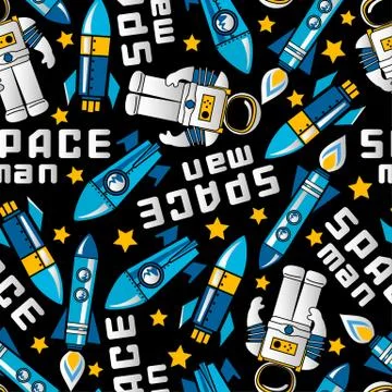 Space man and rockets in space seamless pattern Stock Illustration