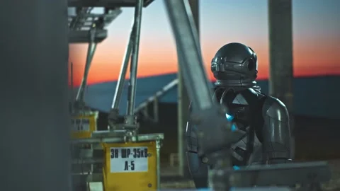 Space man. Evening view at the astronaut walking on between photovoltaic power Stock Footage 146419412