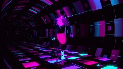 Space man walking in blue and purple VJ tunnel Video stock 234247779