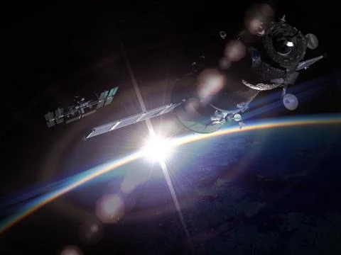 Space maneuver at the Earth orbit Stock Illustration