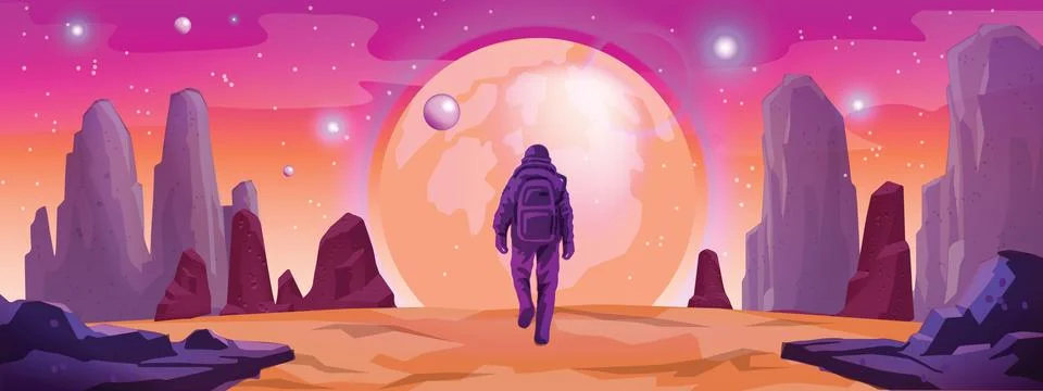 Space Mars game background, cartoon alien planet vector landscape Ilustração Stock
