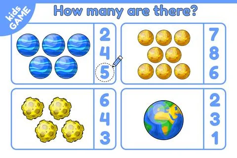 Space math game How many are there cartoon planets Stock Illustration