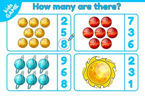 Space math game How many are there cartoon planets Stock Illustration