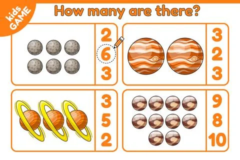 Space math game How many are there cartoon planets Stock Illustration