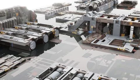 Space military base with innovative construction technology background. Sci.. Illustrazione stock