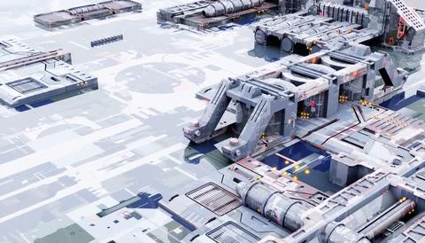 Space military base with innovative construction technology background. Sci.. Ilustración de archivo