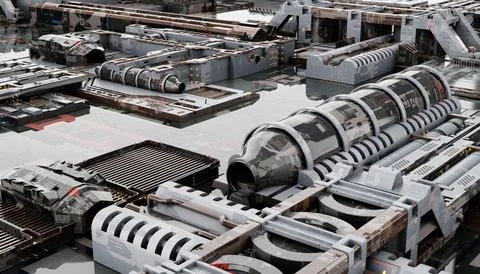 Space military base with innovative construction technology background. Sci.. Illustrazione stock