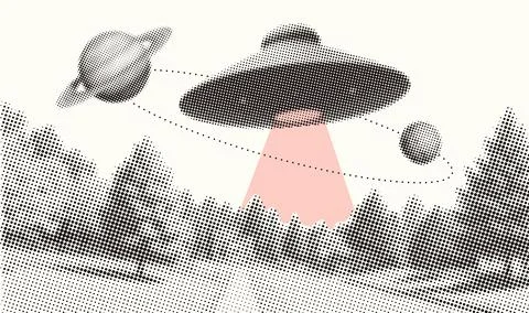 Space minimalistic retro composition. UFO spaceship under forest with planet Stock Illustration