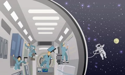 Space mission concept vector illustration. Cosmonauts flying in no gravity Stock Illustration