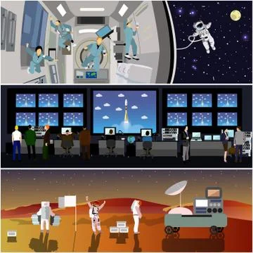 Space mission control center. Rocket launch vector illustration. Astronauts in 스톡 일러스트