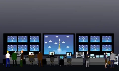 Space mission control center. Rocket launch vector illustration Stock Illustration