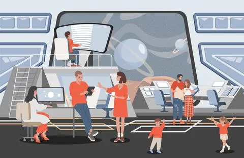 Space mission control center vector flat illustration. People working with Stock Illustration