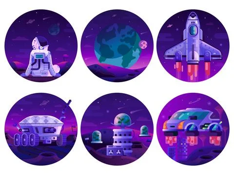 Space Mission Galaxy Exploring Gradient Circle Icons Stock Illustration