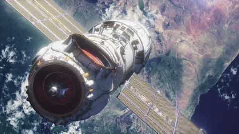 The space module docks against the backdrop of planet Earth Video stock 261994724