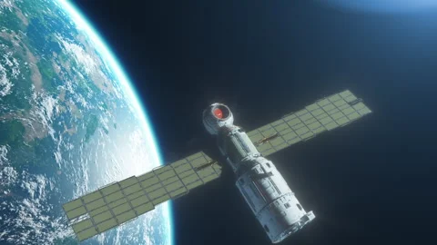 The space module flies against the background of a cloudy planet with seas an Stock Footage 262019656