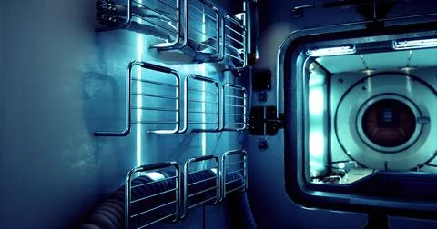 Space module interior featuring storage racks and illuminated walls Stock Illustration