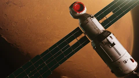 Space Module or Space satellite or station flies in orbit Planet Mars Stock Footage 242783376