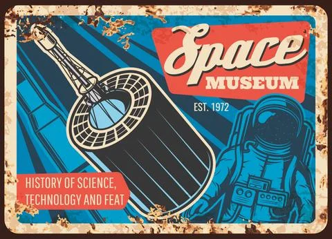 Space museum vector rusty plate with astronaut Illustrazione stock