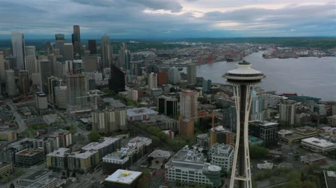 Space Needle aerial on cloudy day Stock Footage