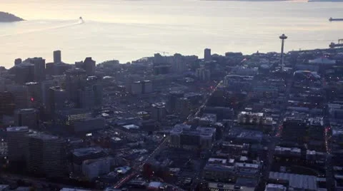 Space Needle and Bay at Dusk - Aerial Stock Footage 10317878