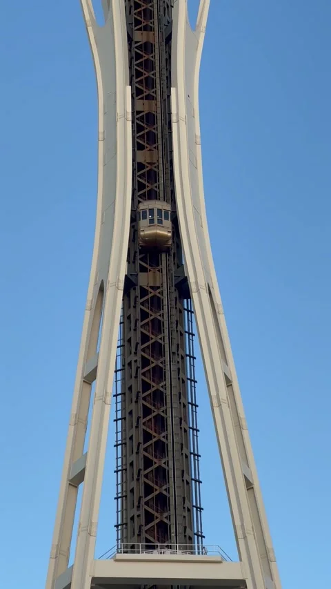 Space Needle Landmark Seattle Elevator Rises Up Against Background Stock Footage 241030512