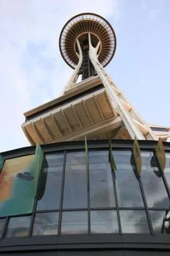 Space needle seattle close up view with wide lens Stock Photos