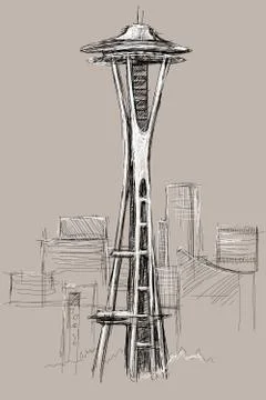 Space needle tower seattle washington skyline sketch hand drawing style. Stock Illustration
