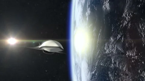 A space nuclear drone with nuclear missiles quickly flies in space above the Stock Footage 156711566