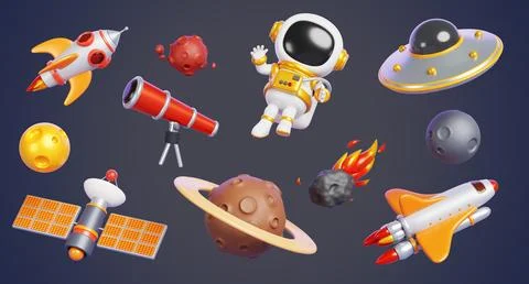 Space objects 3d render icon set. Astronaut, planets, rocket, alien ufo Illustrazione stock