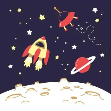 Space objects above the moon. Flying spaceship, Saturn and a flying saucer ab Stock Illustration