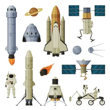 Space Objects and Cosmos Exploration Equipment Collection, Astronautics and Stock Illustration