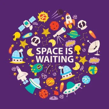 Space objects and planets. Space is waiting poster, banner. Cartoon patches Illustrazione stock
