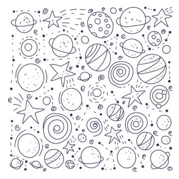 Space objects and symbols set. Vector hand drawn doodles illustration. Stock Illustration