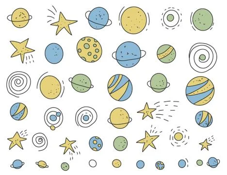Space objects and symbols set. Vector handdrawn doodles color illustration. イラスト素材