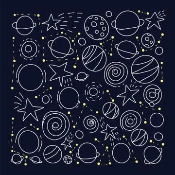 Space objects and symbols set. Square dark poster. Vector hand drawn doodles  스톡 일러스트