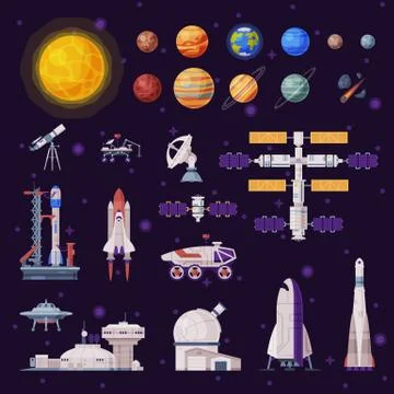 Space Objects Collection, Solar System Planets, Rocket, Shuttle, Rover Stock Illustration