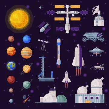 Space Objects Collection, Solar System Planets, Rocket, Shuttle, Rover Stock Illustration