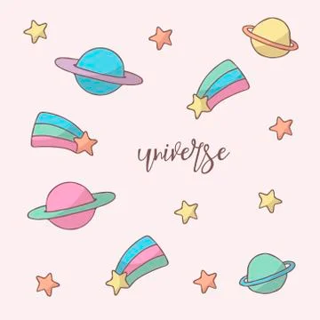 Space objects hand drawn color universe on white background Stock Illustration
