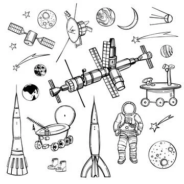 Space objects. Planets, comets, rockets.Sketch  illustration. Stock Illustration